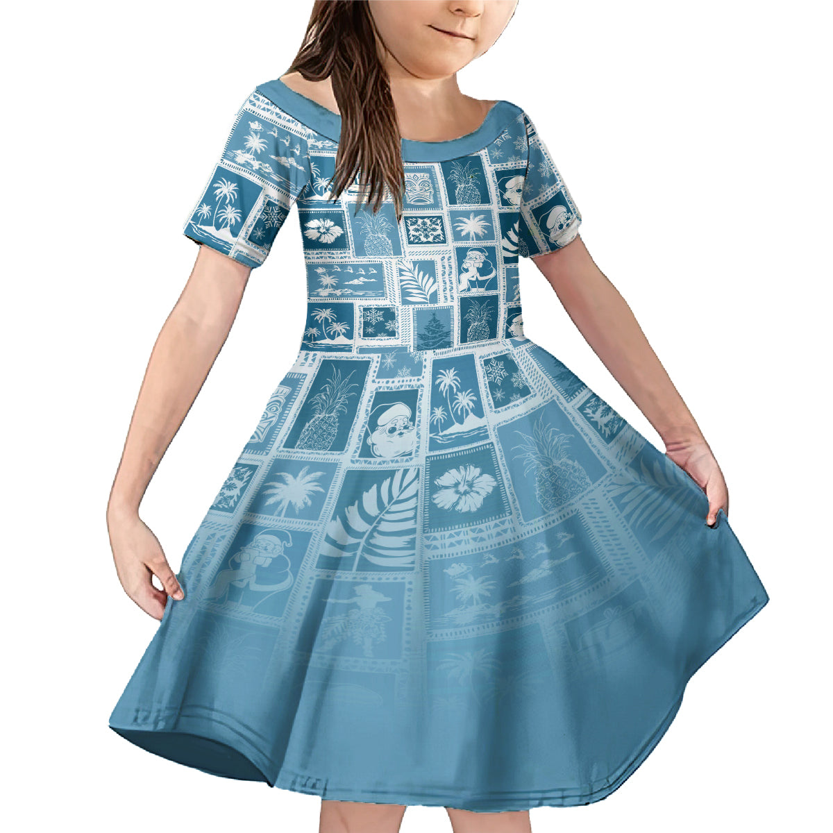 Hawaii Christmas Retro Patchwork Family Matching Mermaid Dress and Hawaiian Shirt Aquamarine LT7 - Wonder Print Shop