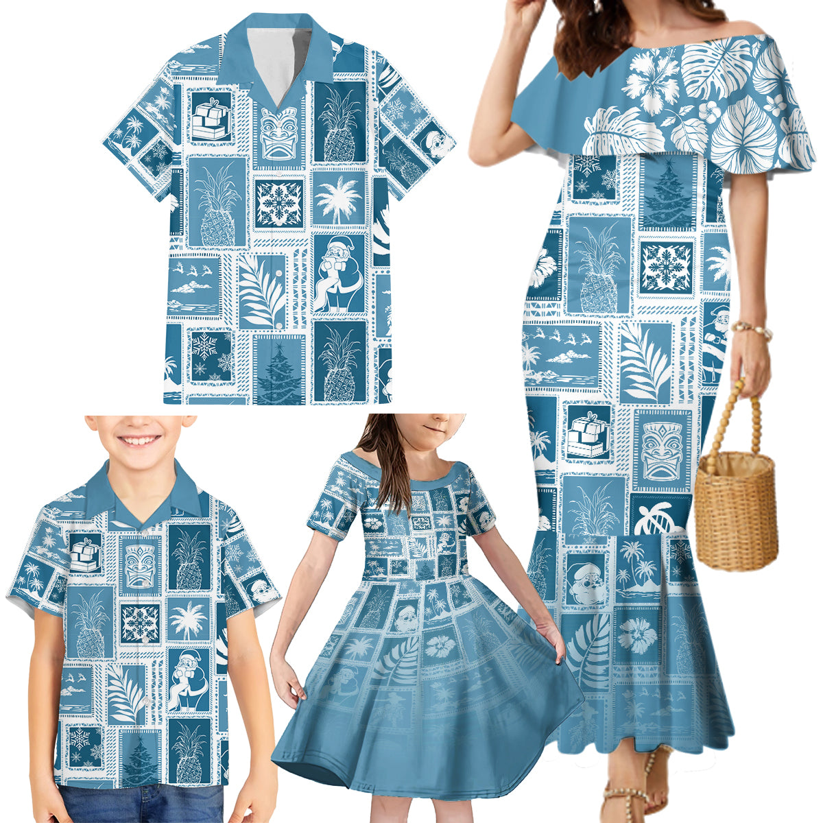 Hawaii Christmas Retro Patchwork Family Matching Mermaid Dress and Hawaiian Shirt Aquamarine LT7 - Wonder Print Shop