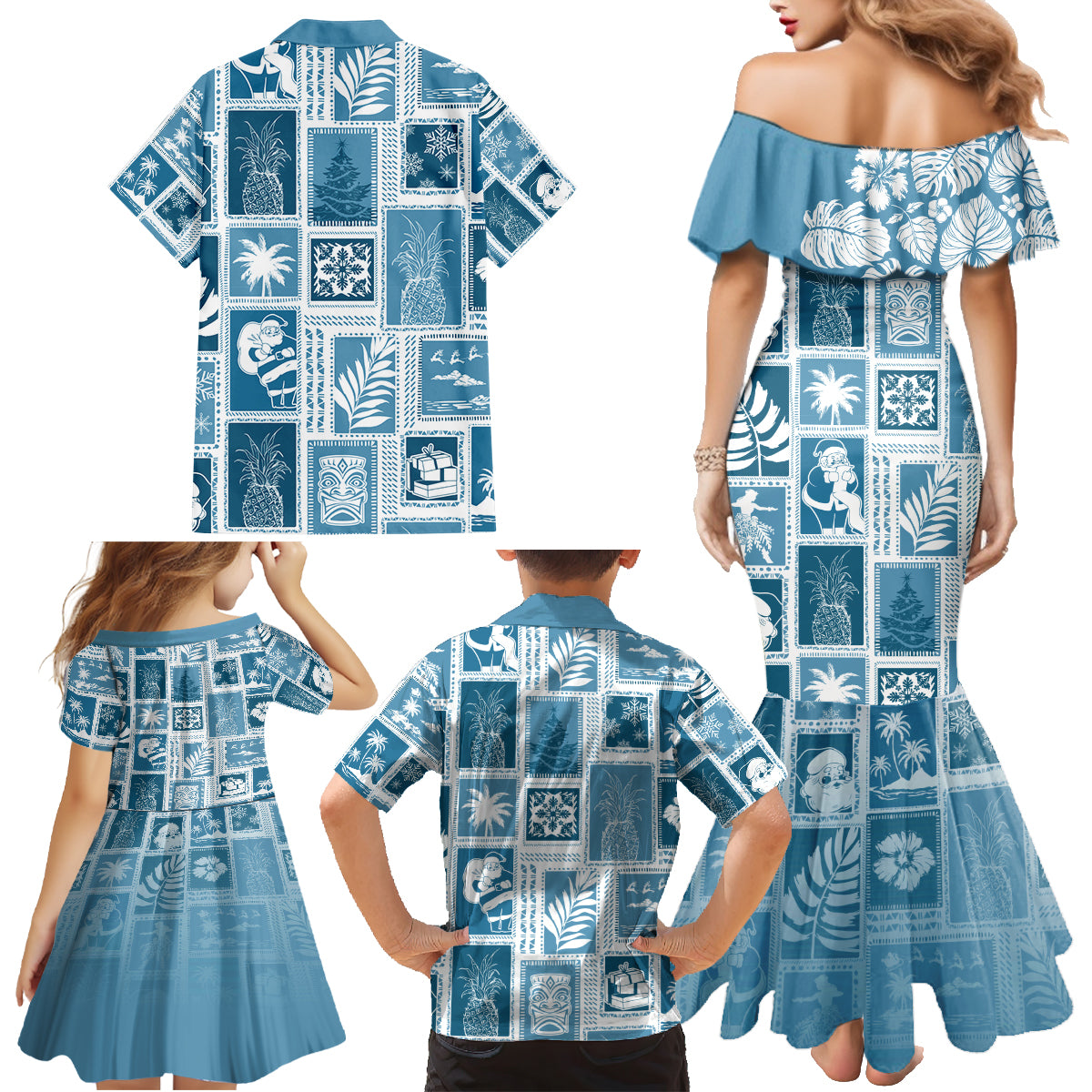 Hawaii Christmas Retro Patchwork Family Matching Mermaid Dress and Hawaiian Shirt Aquamarine LT7 - Wonder Print Shop