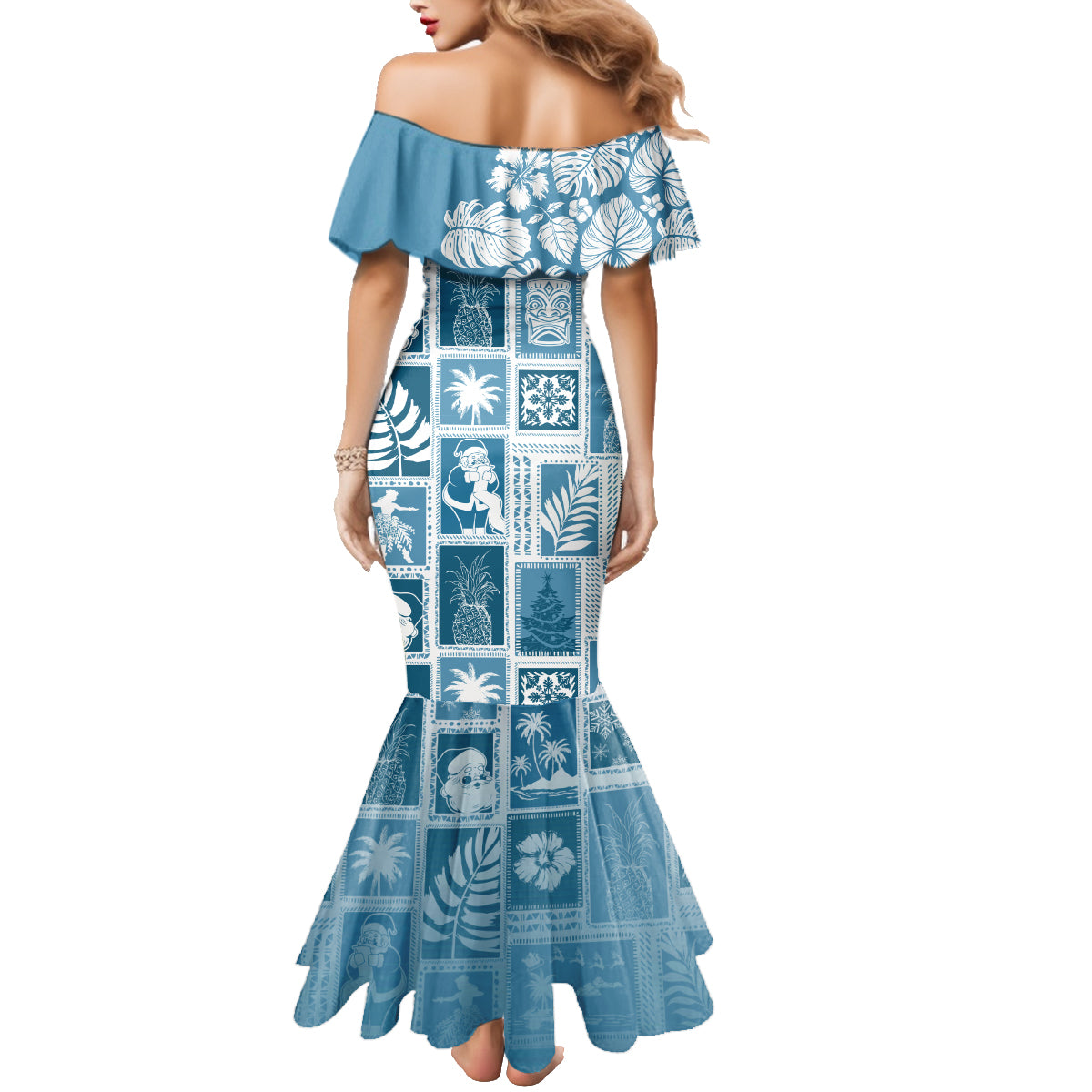 Hawaii Christmas Retro Patchwork Family Matching Mermaid Dress and Hawaiian Shirt Aquamarine LT7 - Wonder Print Shop