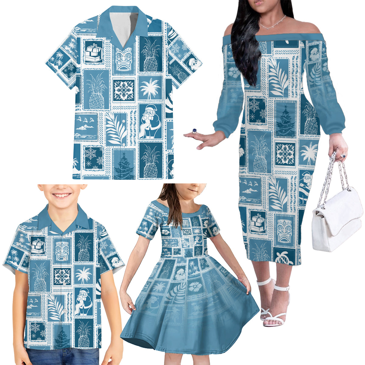 Hawaii Christmas Retro Patchwork Family Matching Off Shoulder Long Sleeve Dress and Hawaiian Shirt Aquamarine - Wonder Print Shop