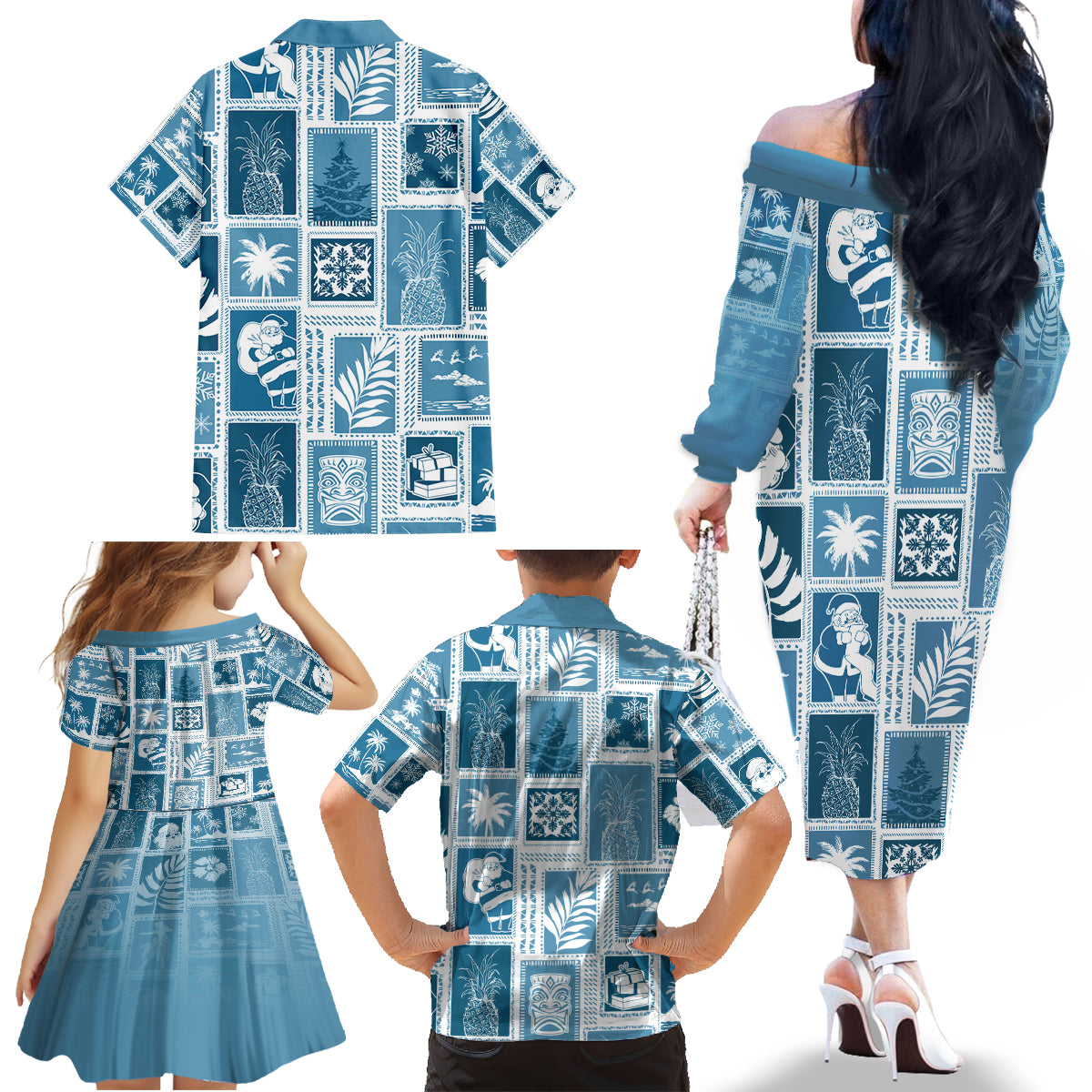 Hawaii Christmas Retro Patchwork Family Matching Off Shoulder Long Sleeve Dress and Hawaiian Shirt Aquamarine - Wonder Print Shop