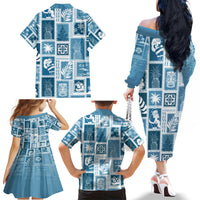 Hawaii Christmas Retro Patchwork Family Matching Off Shoulder Long Sleeve Dress and Hawaiian Shirt Aquamarine - Wonder Print Shop