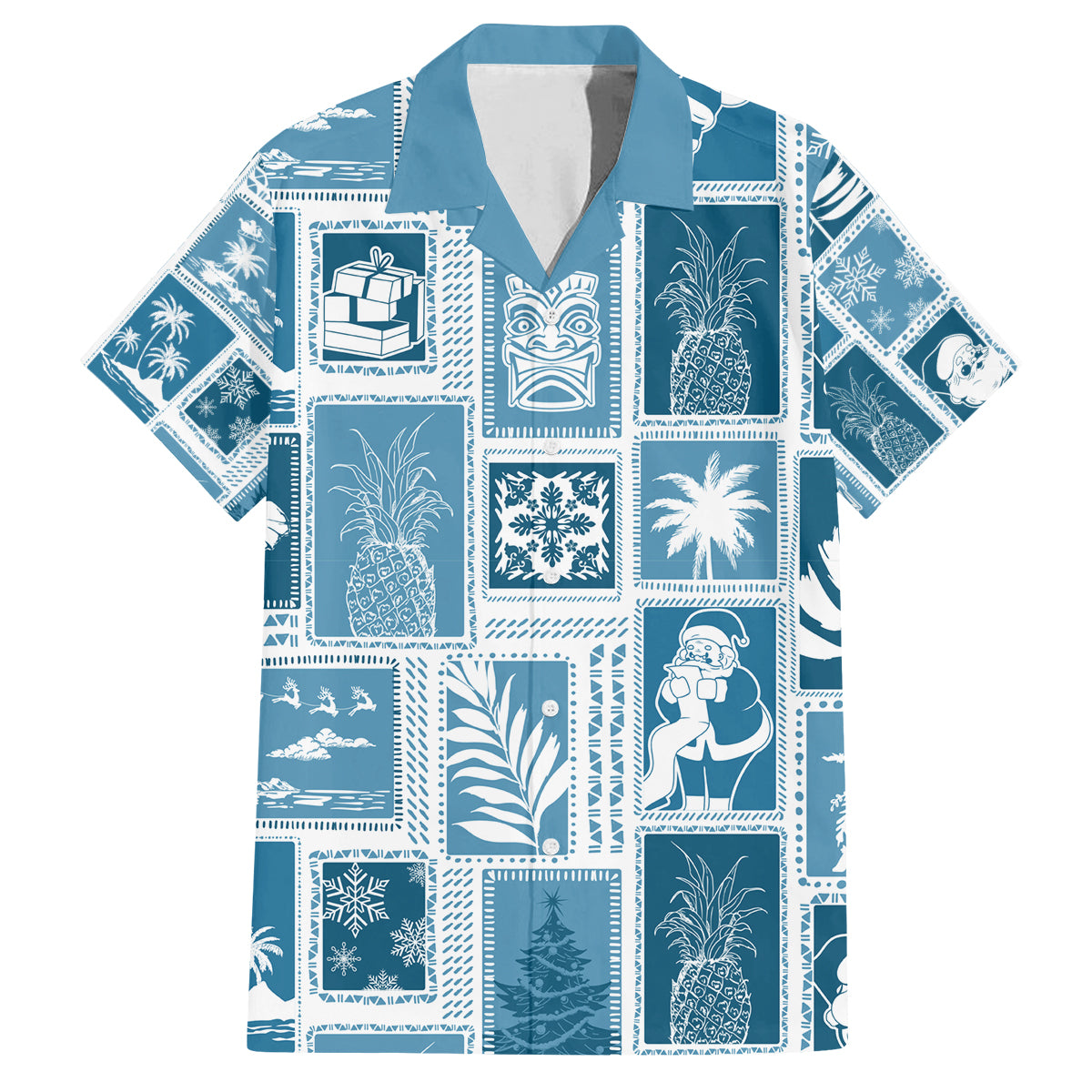 Hawaii Christmas Retro Patchwork Family Matching Off Shoulder Long Sleeve Dress and Hawaiian Shirt Aquamarine - Wonder Print Shop