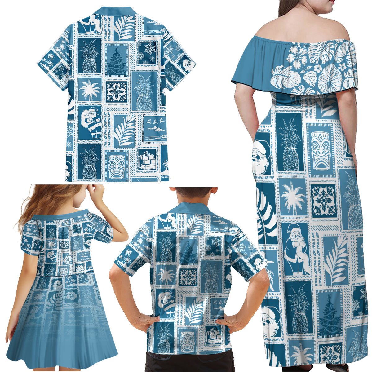 Hawaii Christmas Retro Patchwork Family Matching Off Shoulder Maxi Dress and Hawaiian Shirt Aquamarine LT7 - Wonder Print Shop