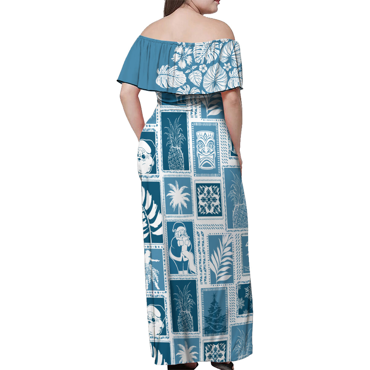 Hawaii Christmas Retro Patchwork Family Matching Off Shoulder Maxi Dress and Hawaiian Shirt Aquamarine LT7 - Wonder Print Shop