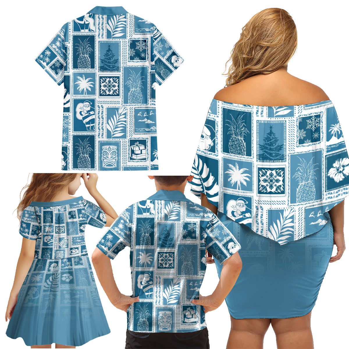 Hawaii Christmas Retro Patchwork Family Matching Off Shoulder Short Dress and Hawaiian Shirt Aquamarine LT7 - Wonder Print Shop