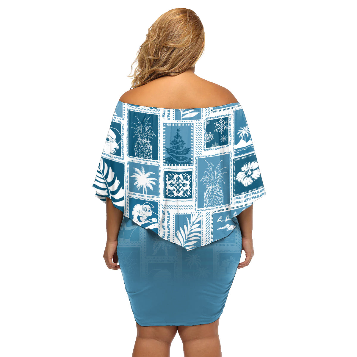 Hawaii Christmas Retro Patchwork Family Matching Off Shoulder Short Dress and Hawaiian Shirt Aquamarine LT7 - Wonder Print Shop