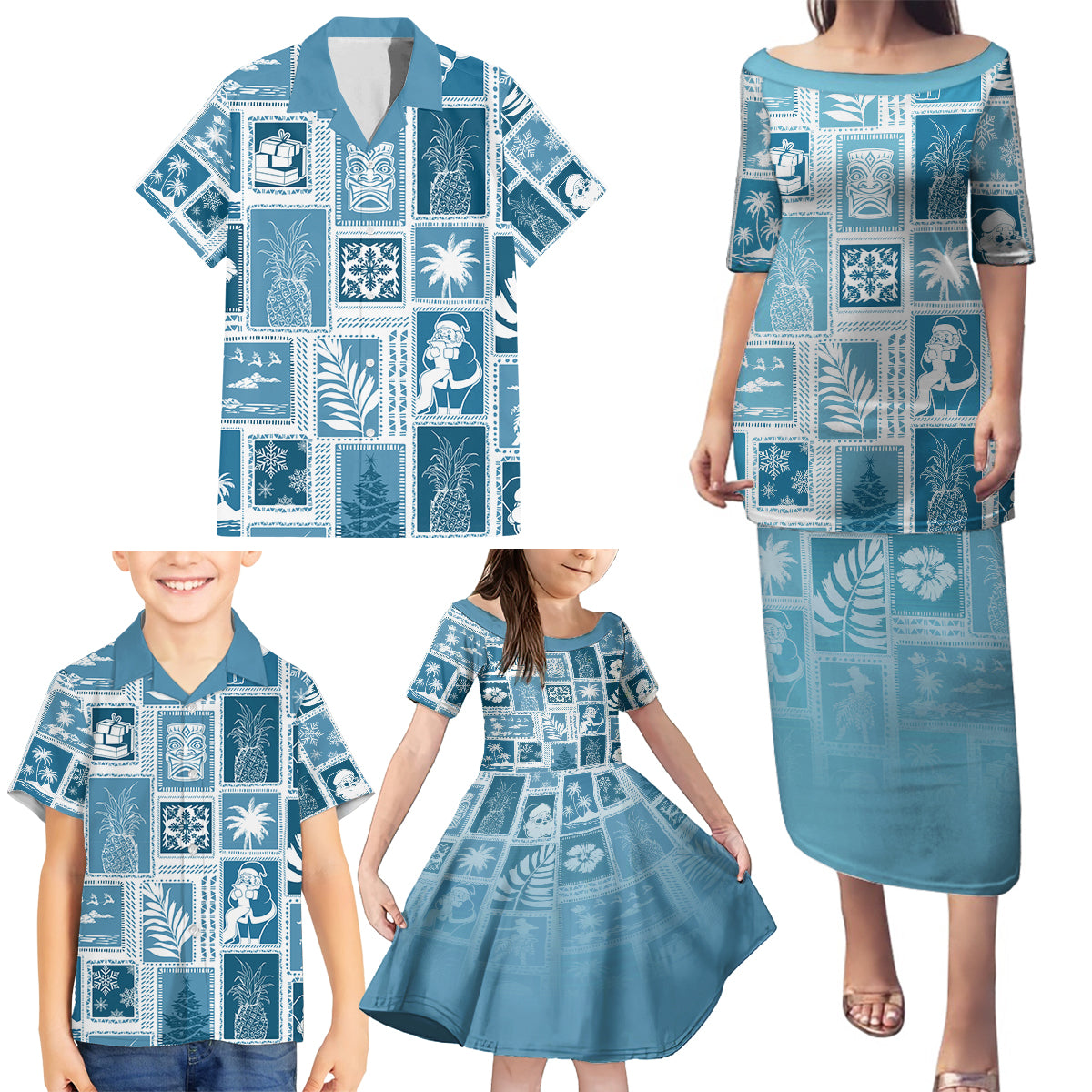 Hawaii Christmas Retro Patchwork Family Matching Puletasi Dress and Hawaiian Shirt Aquamarine - Wonder Print Shop