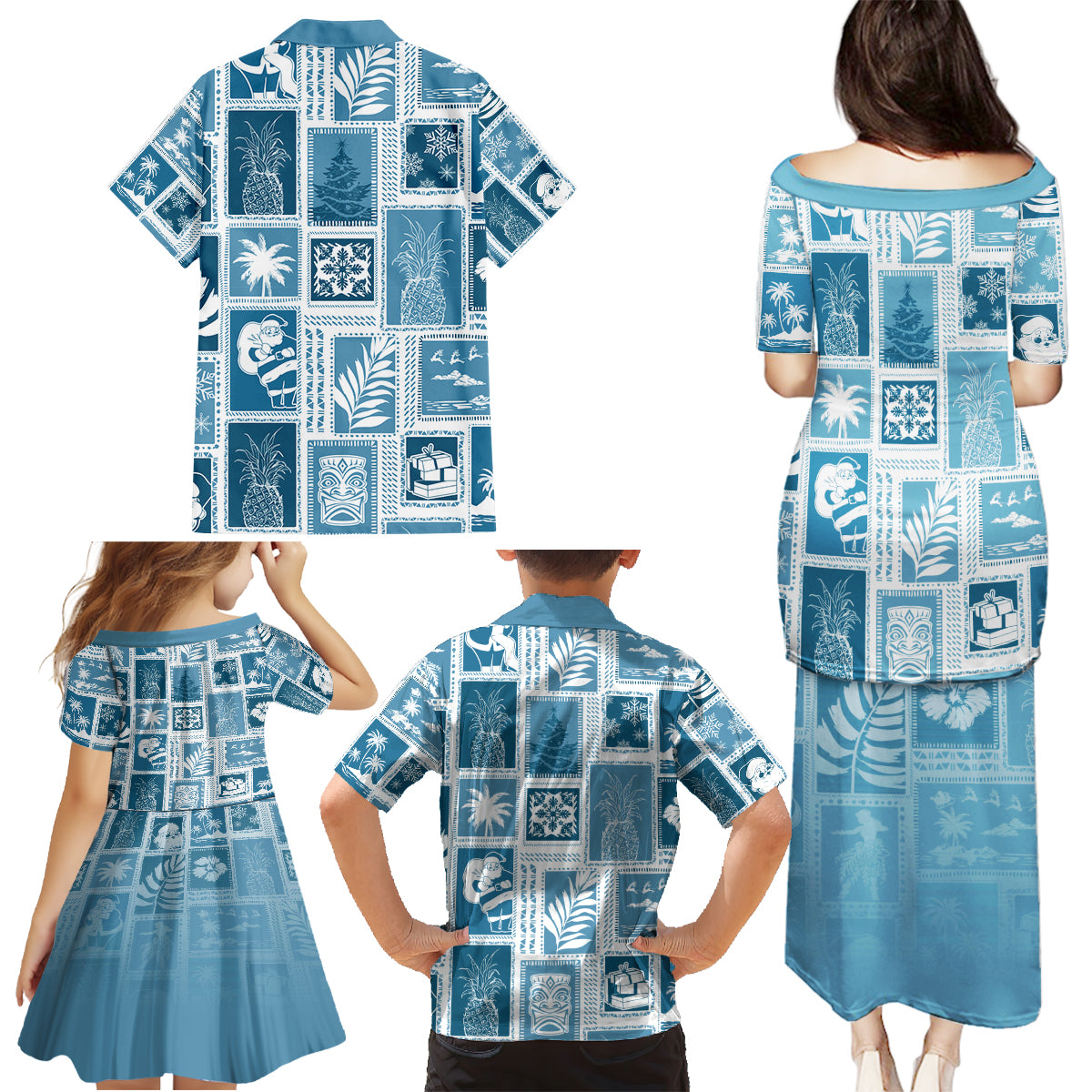 Hawaii Christmas Retro Patchwork Family Matching Puletasi Dress and Hawaiian Shirt Aquamarine - Wonder Print Shop