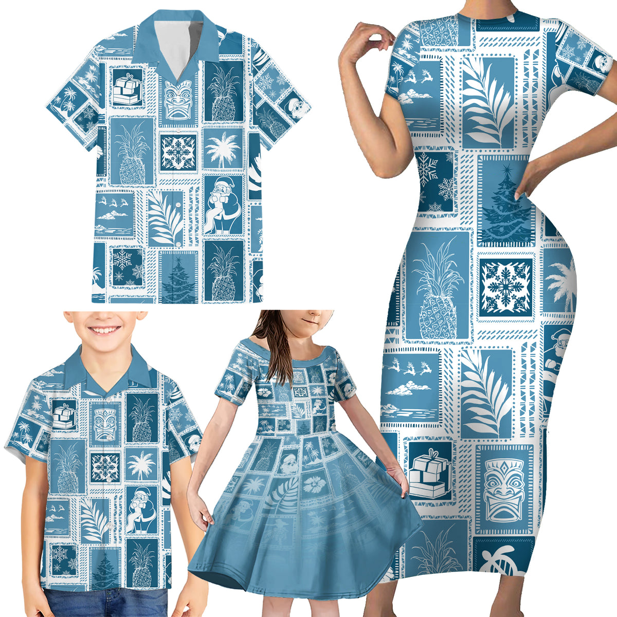Hawaii Christmas Retro Patchwork Family Matching Short Sleeve Bodycon Dress and Hawaiian Shirt Aquamarine - Wonder Print Shop