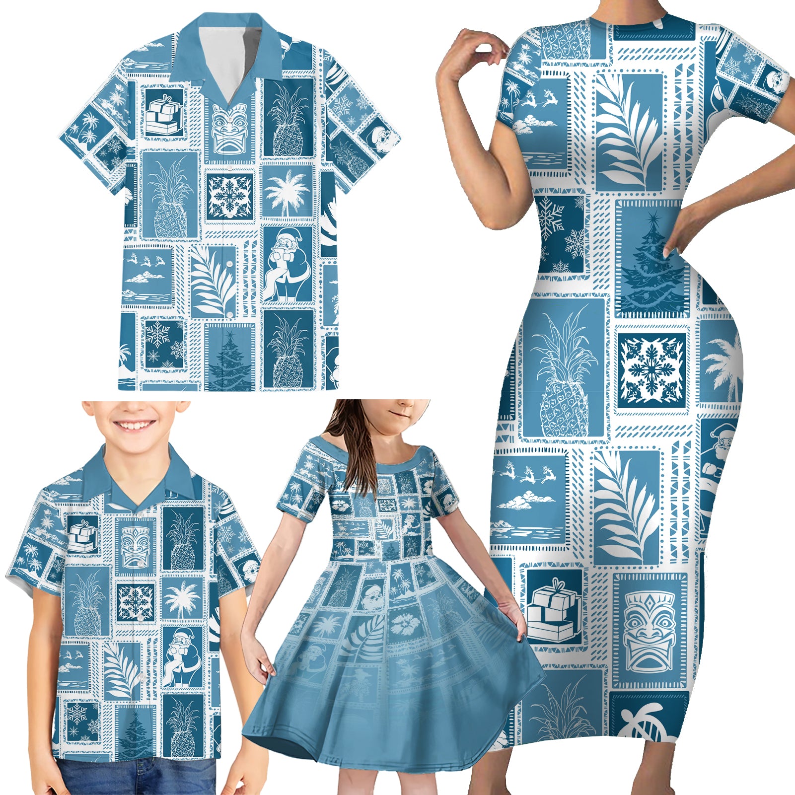 Hawaii Christmas Retro Patchwork Family Matching Short Sleeve Bodycon Dress and Hawaiian Shirt Aquamarine - Wonder Print Shop