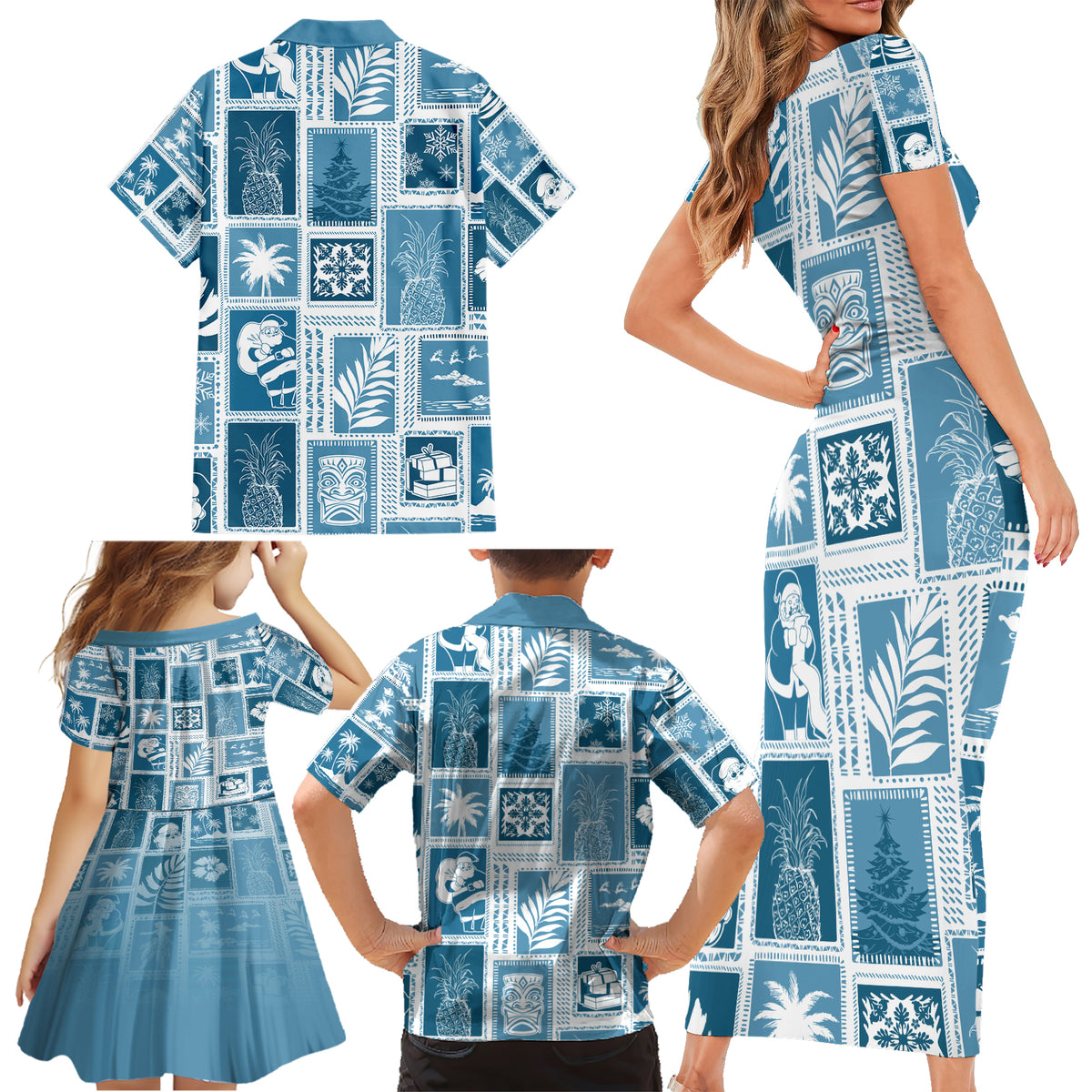 Hawaii Christmas Retro Patchwork Family Matching Short Sleeve Bodycon Dress and Hawaiian Shirt Aquamarine - Wonder Print Shop