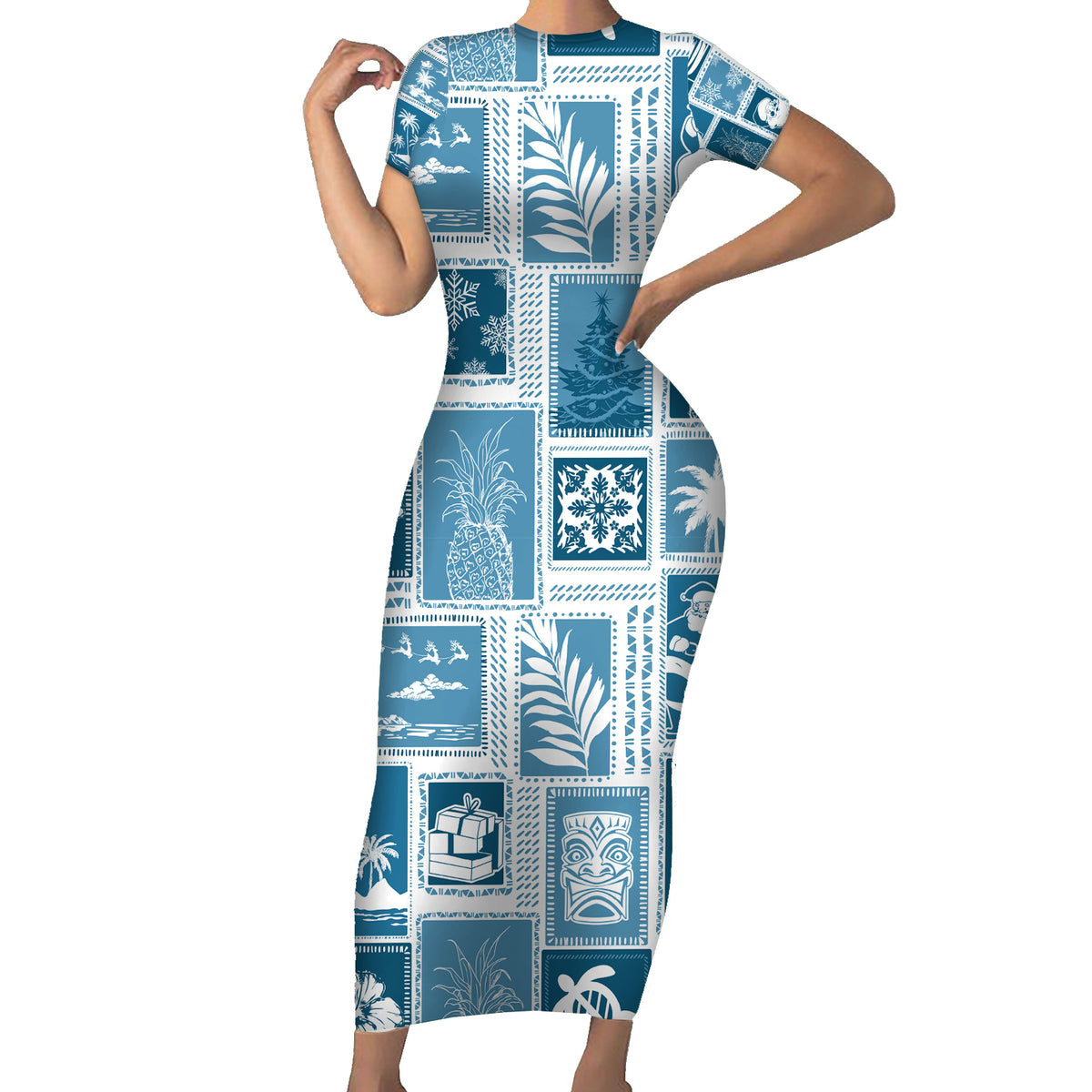 Hawaii Christmas Retro Patchwork Family Matching Short Sleeve Bodycon Dress and Hawaiian Shirt Aquamarine - Wonder Print Shop