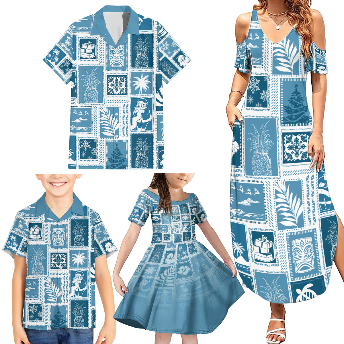 Hawaii Christmas Retro Patchwork Family Matching Summer Maxi Dress and Hawaiian Shirt Aquamarine - Wonder Print Shop