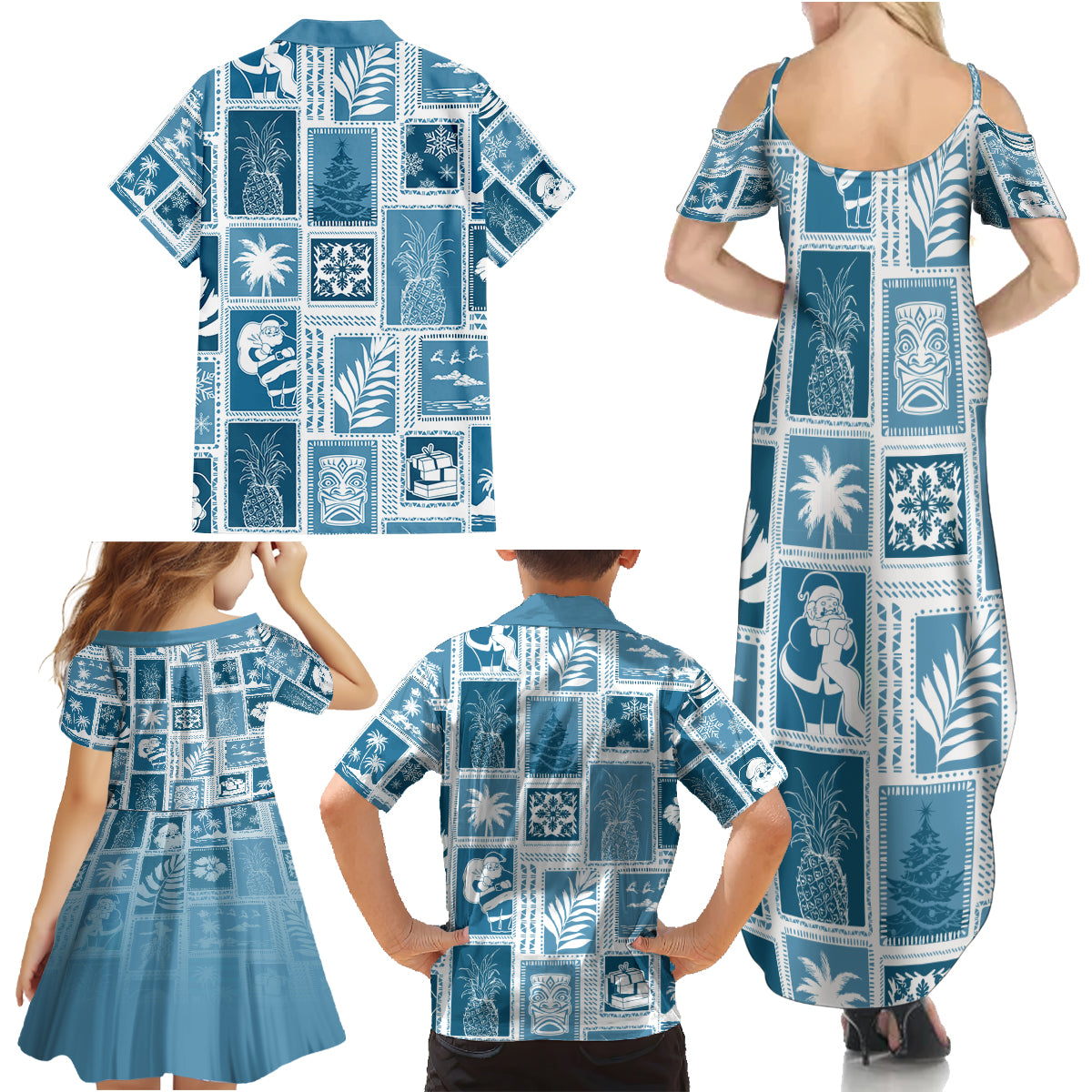 Hawaii Christmas Retro Patchwork Family Matching Summer Maxi Dress and Hawaiian Shirt Aquamarine - Wonder Print Shop