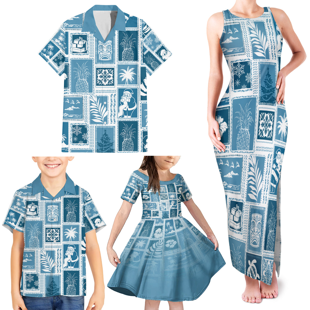 Hawaii Christmas Retro Patchwork Family Matching Tank Maxi Dress and Hawaiian Shirt Aquamarine - Wonder Print Shop