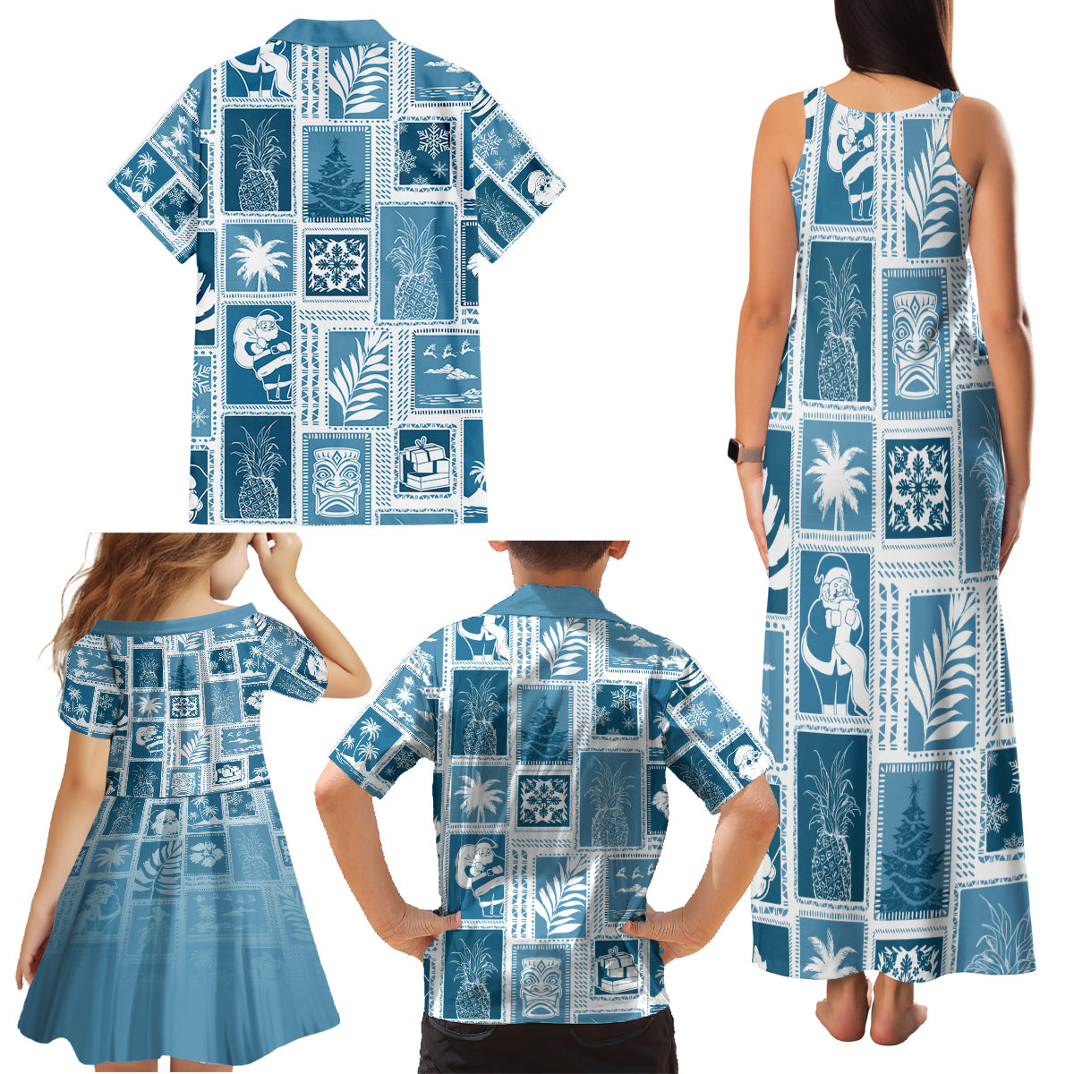 Hawaii Christmas Retro Patchwork Family Matching Tank Maxi Dress and Hawaiian Shirt Aquamarine - Wonder Print Shop