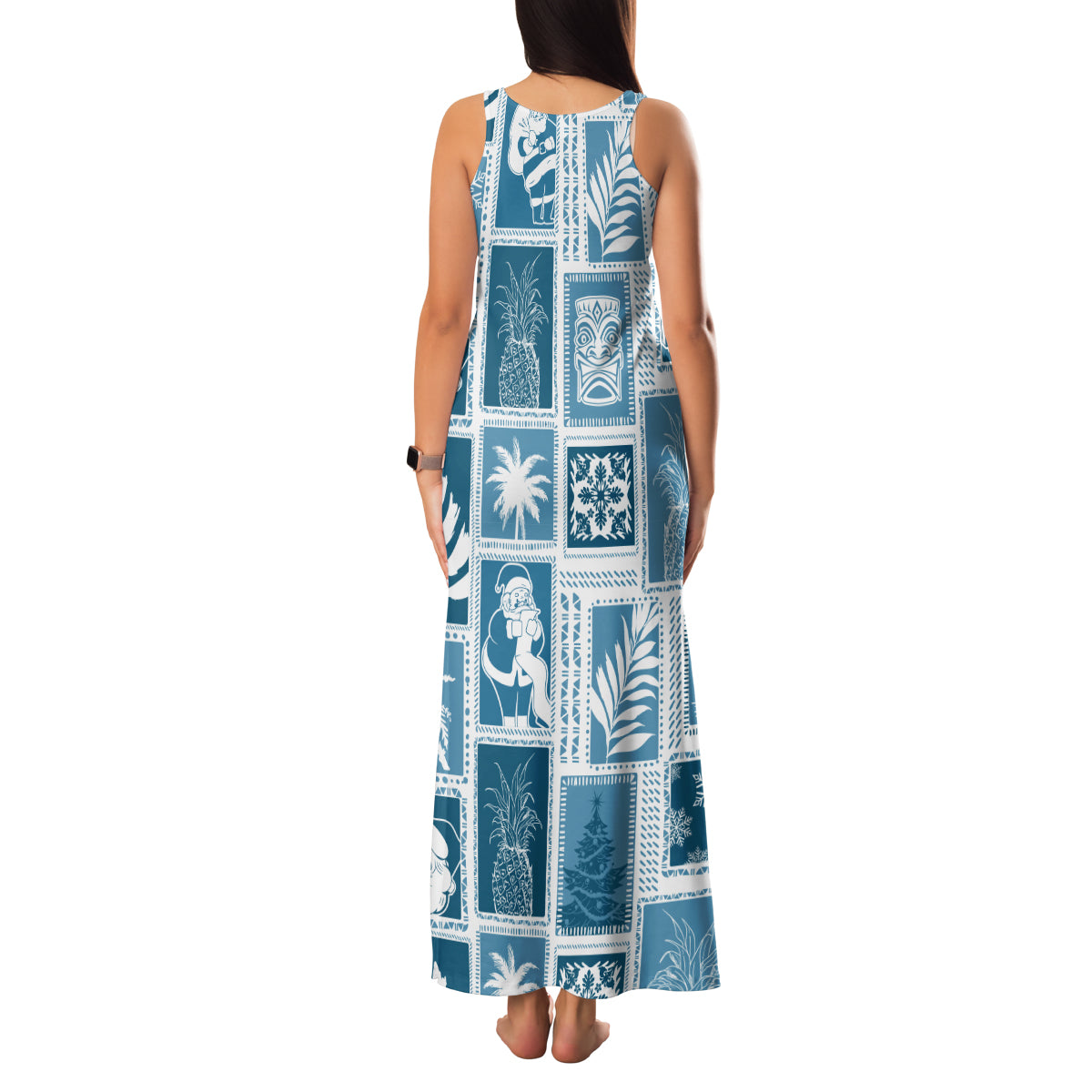 Hawaii Christmas Retro Patchwork Family Matching Tank Maxi Dress and Hawaiian Shirt Aquamarine - Wonder Print Shop