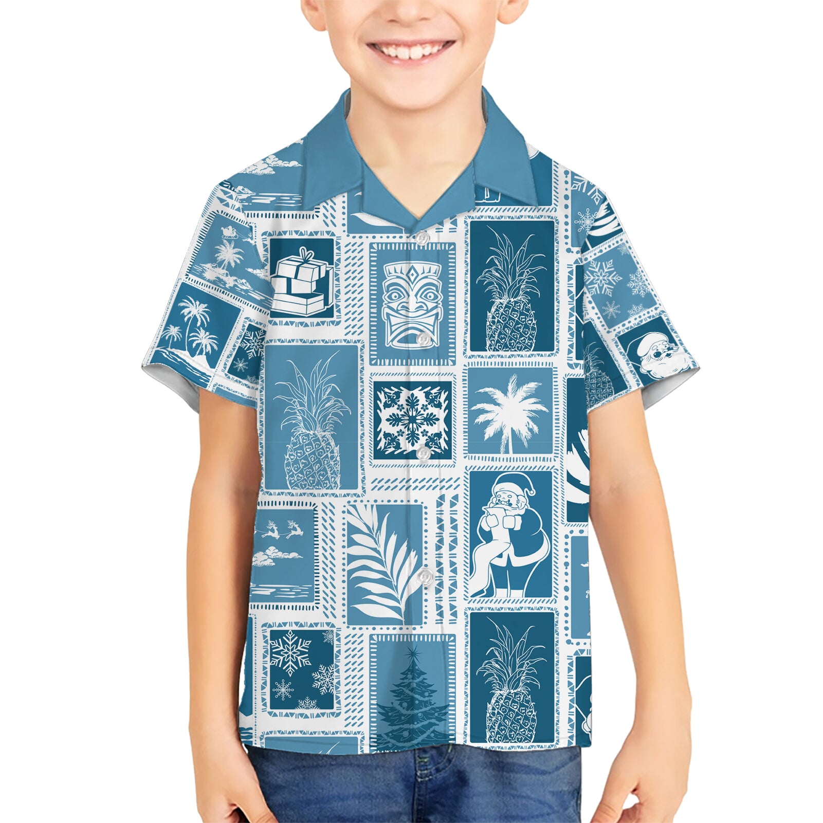 Hawaii Christmas Retro Patchwork Kid Hawaiian Shirt Aquamarine - Wonder Print Shop