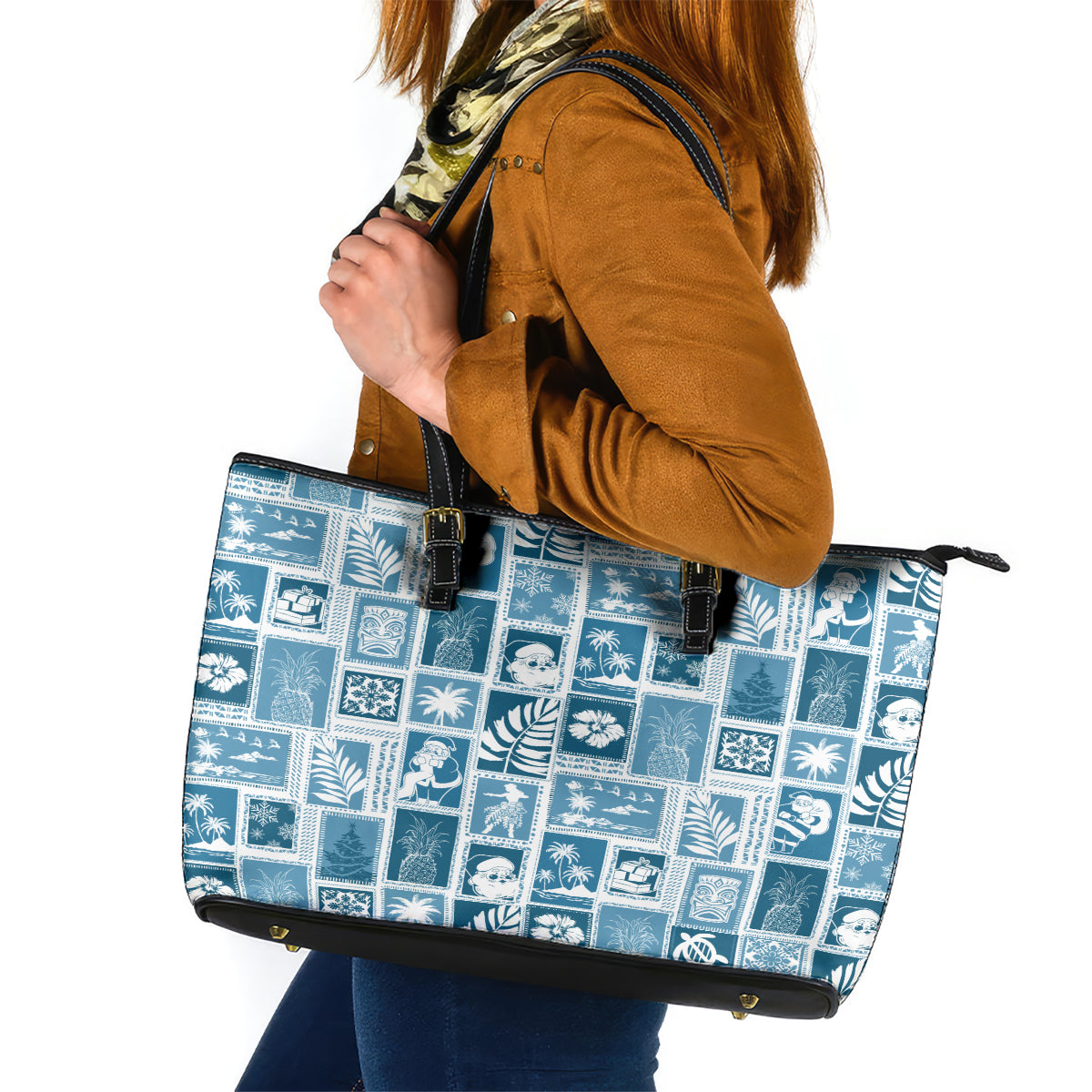 Hawaii Christmas Retro Patchwork Leather Tote Bag Aquamarine - Wonder Print Shop
