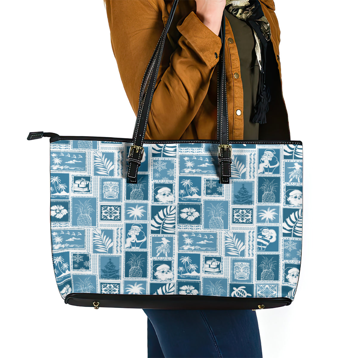 Hawaii Christmas Retro Patchwork Leather Tote Bag Aquamarine - Wonder Print Shop