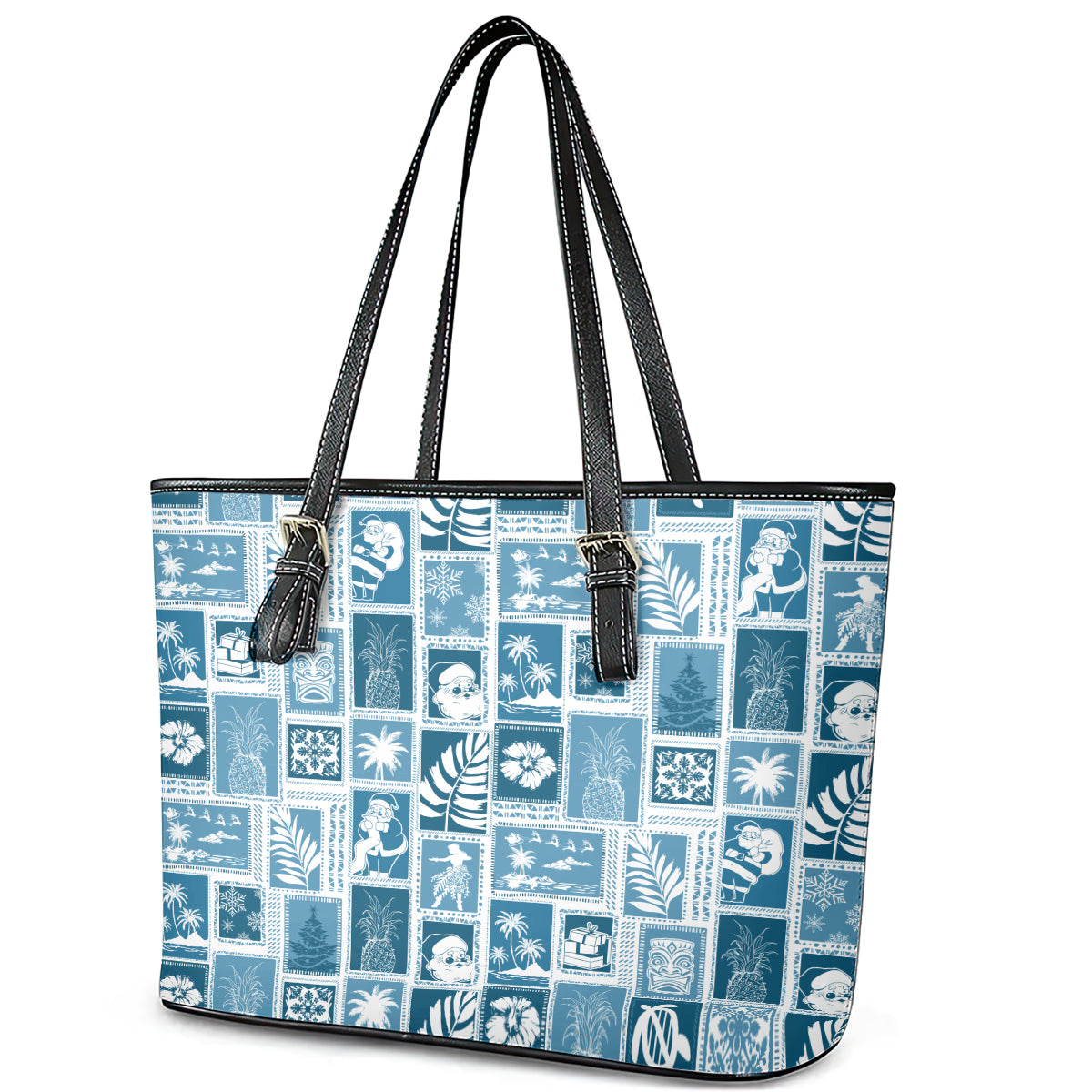 Hawaii Christmas Retro Patchwork Leather Tote Bag Aquamarine - Wonder Print Shop