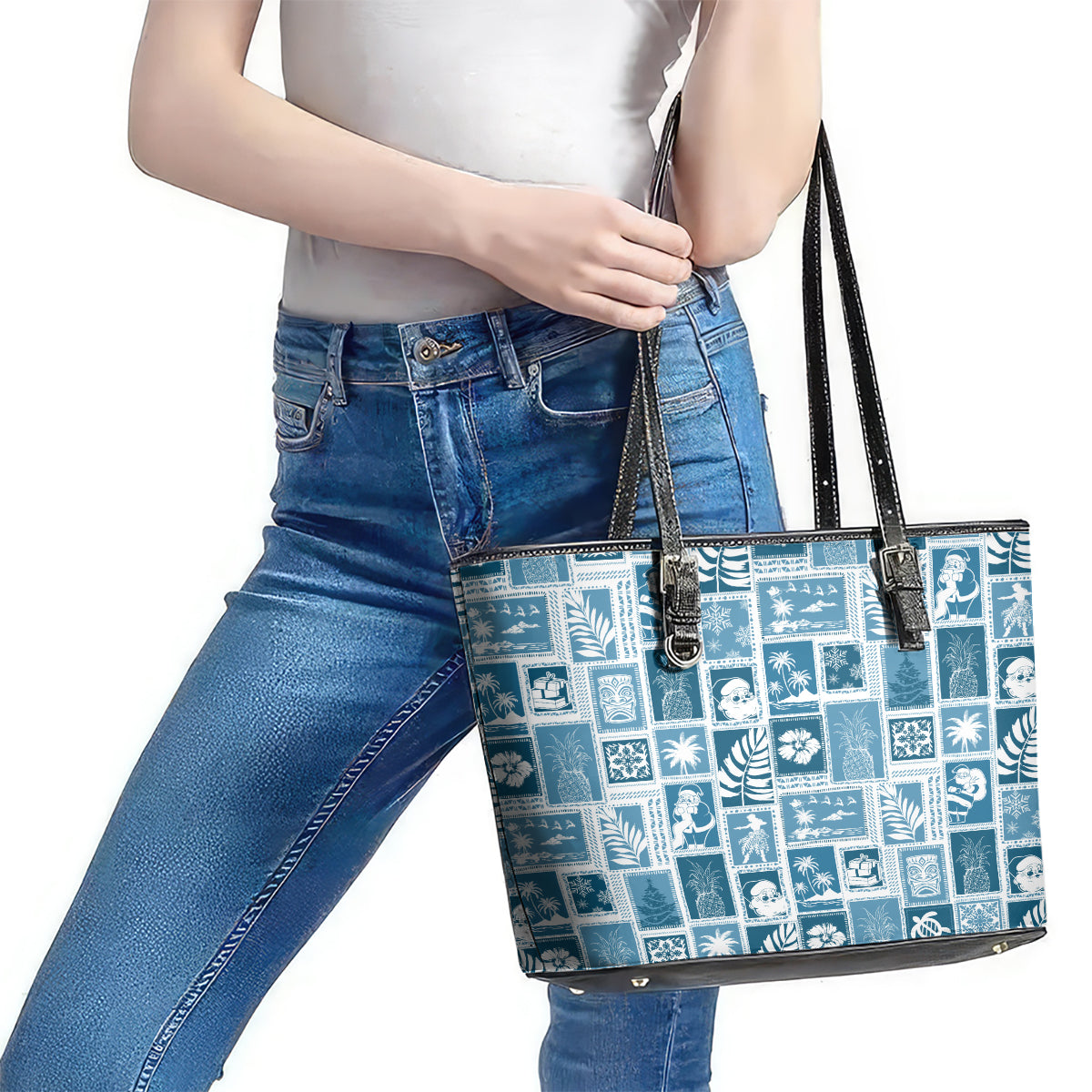 Hawaii Christmas Retro Patchwork Leather Tote Bag Aquamarine - Wonder Print Shop