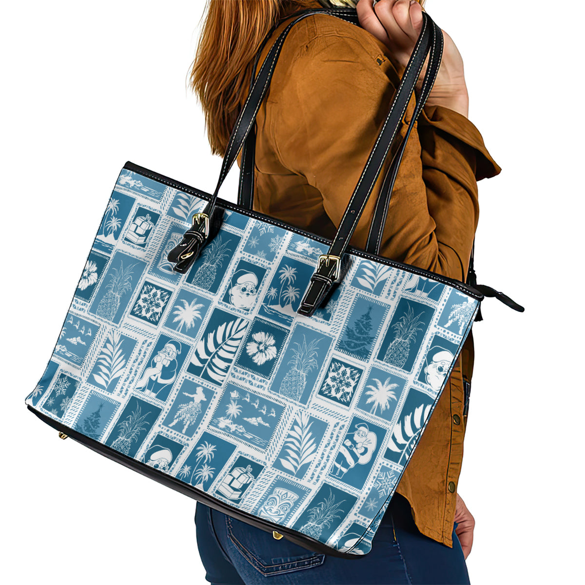Hawaii Christmas Retro Patchwork Leather Tote Bag Aquamarine - Wonder Print Shop