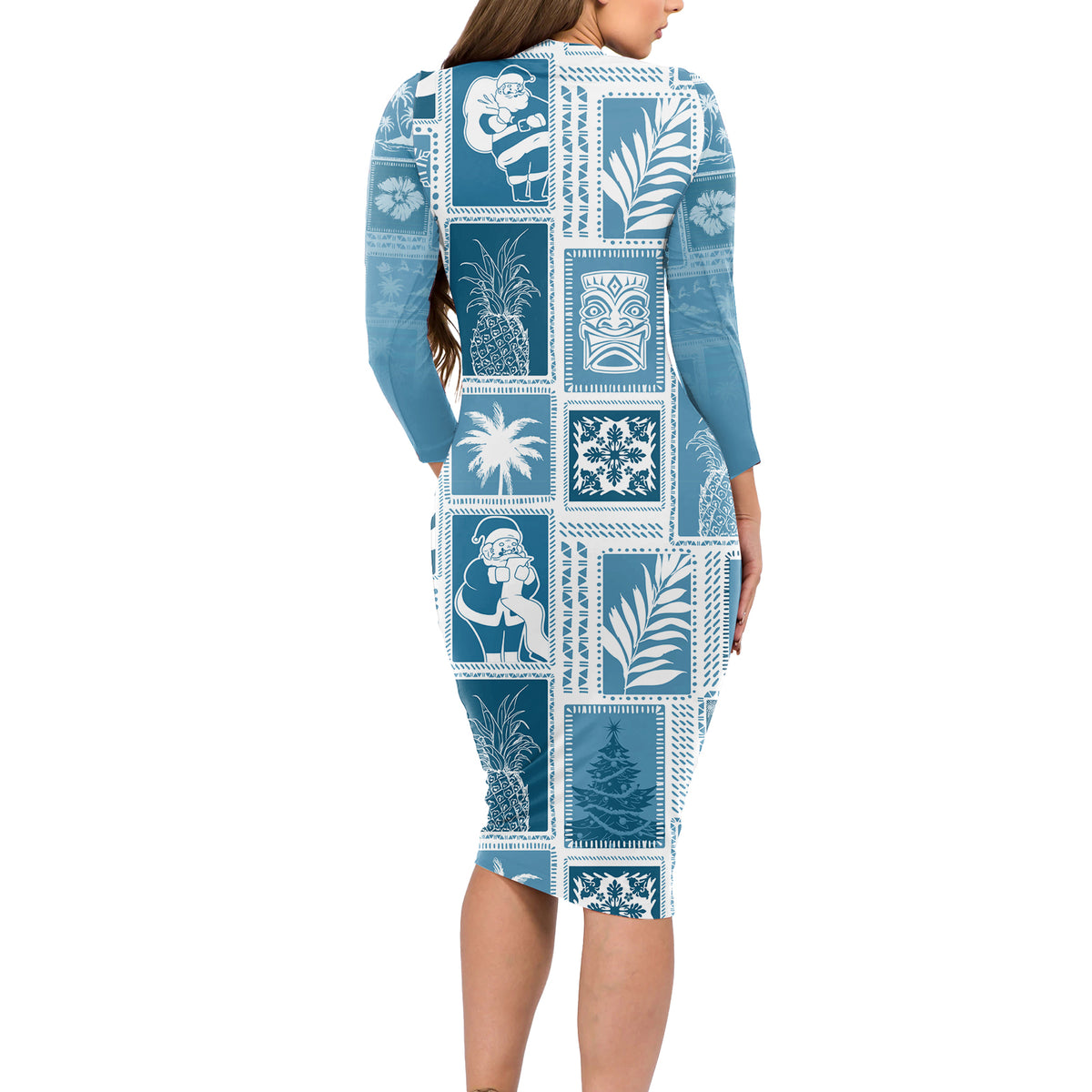 Hawaii Christmas Retro Patchwork Long Sleeve Bodycon Dress Aquamarine - Wonder Print Shop