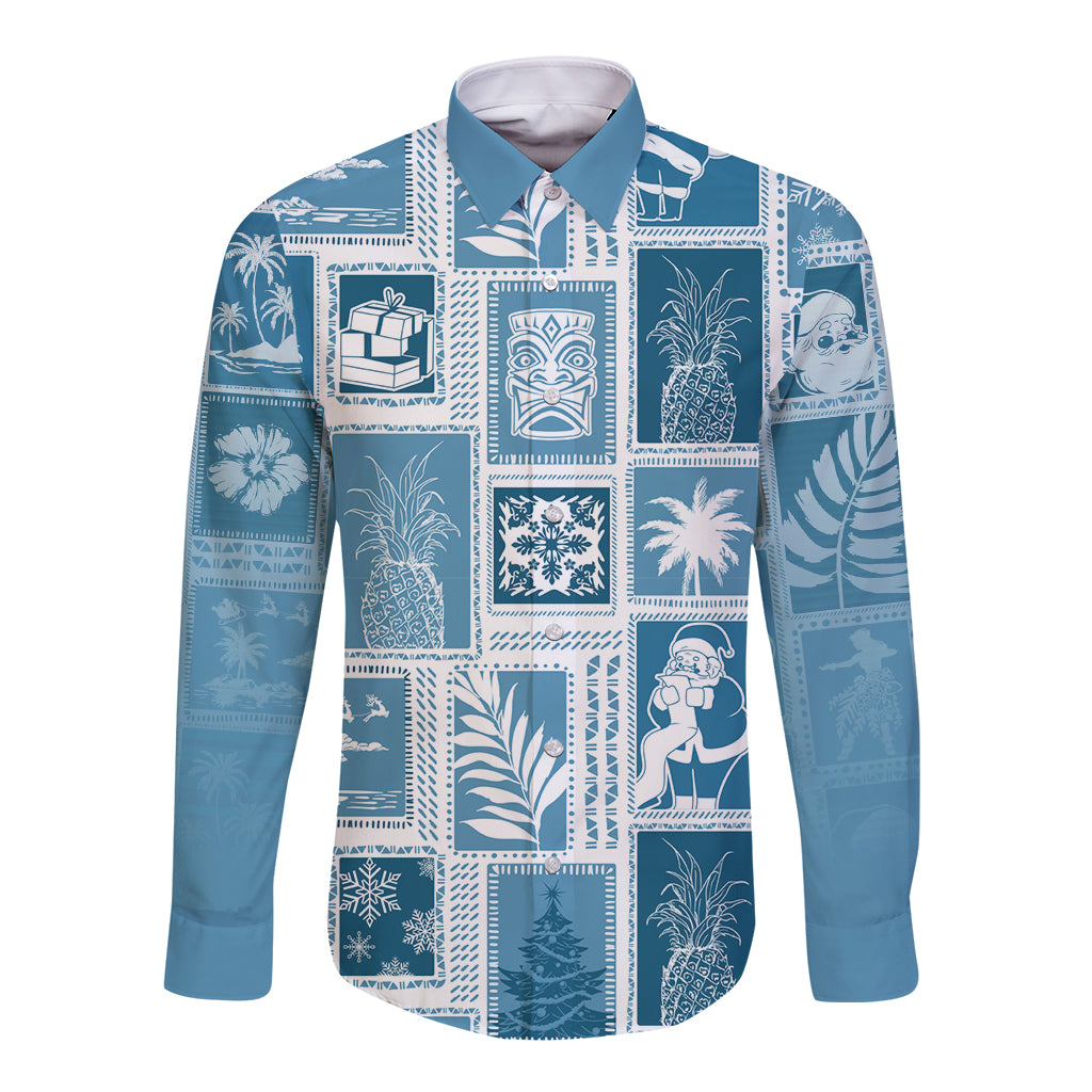 Hawaii Christmas Retro Patchwork Long Sleeve Button Shirt Aquamarine - Wonder Print Shop