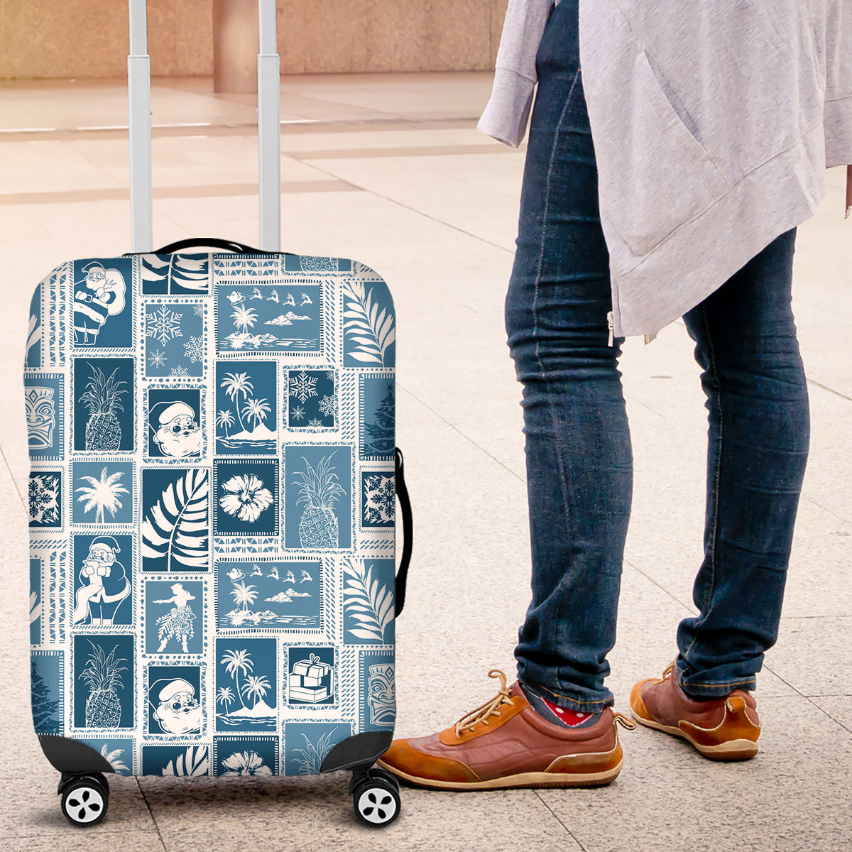 Hawaii Christmas Retro Patchwork Luggage Cover Aquamarine - Wonder Print Shop