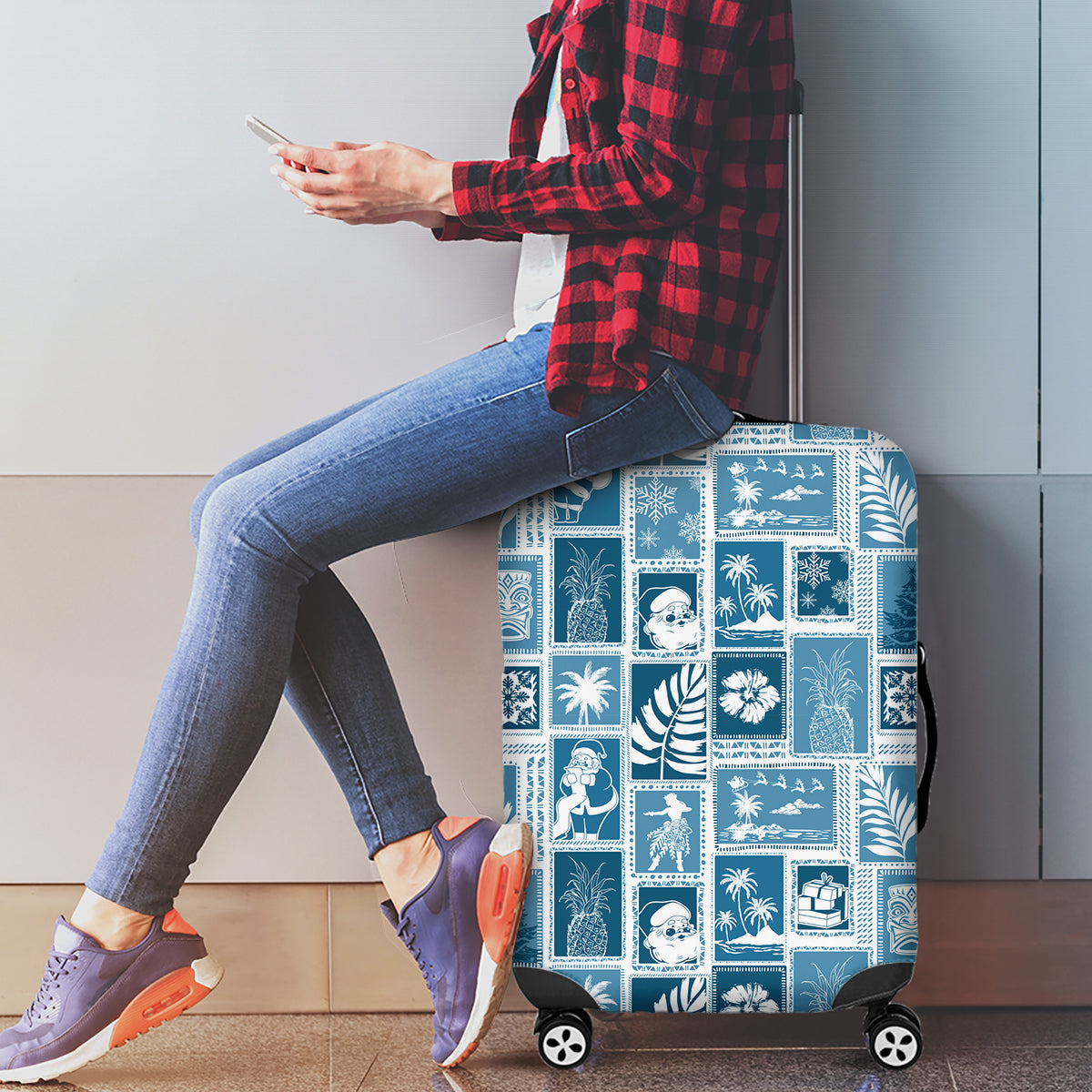 Hawaii Christmas Retro Patchwork Luggage Cover Aquamarine - Wonder Print Shop