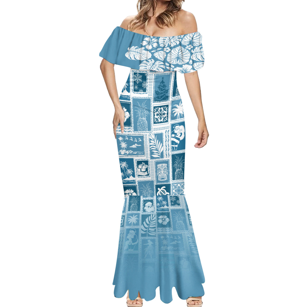 Hawaii Christmas Retro Patchwork Mermaid Dress Aquamarine - Wonder Print Shop