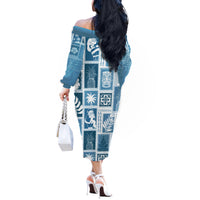 Hawaii Christmas Retro Patchwork Off The Shoulder Long Sleeve Dress Aquamarine - Wonder Print Shop