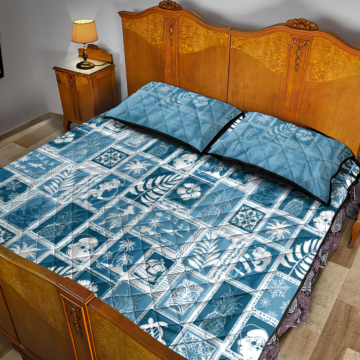 Hawaii Christmas Retro Patchwork Quilt Bed Set Aquamarine - Wonder Print Shop