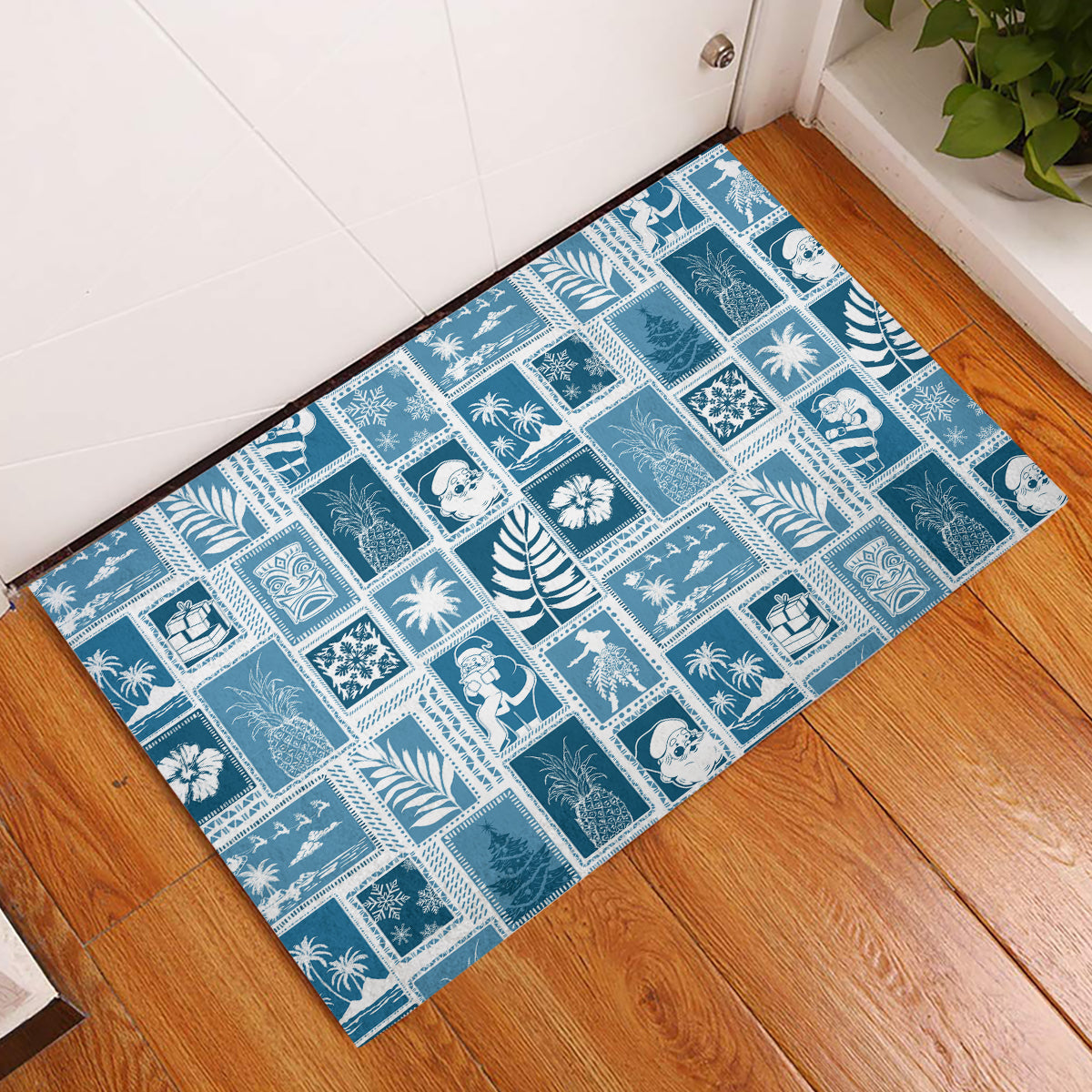 Hawaii Christmas Retro Patchwork Rubber Doormat Aquamarine - Wonder Print Shop