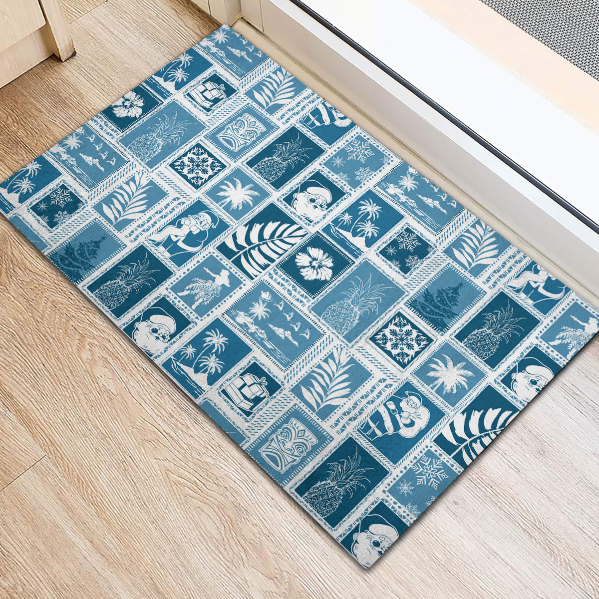 Hawaii Christmas Retro Patchwork Rubber Doormat Aquamarine - Wonder Print Shop