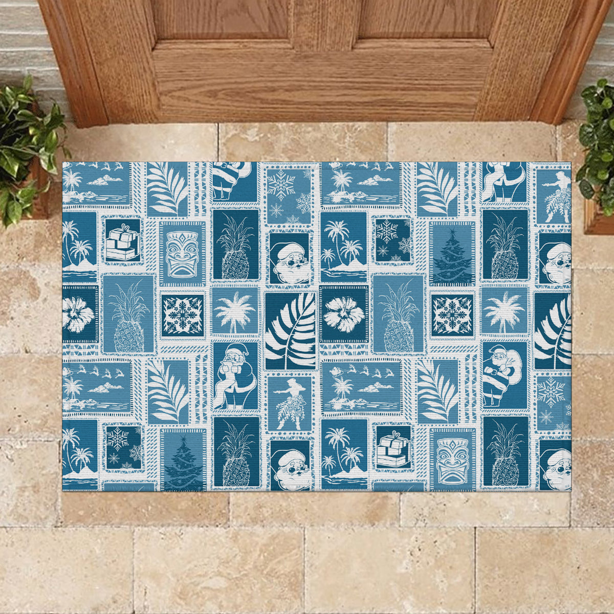 Hawaii Christmas Retro Patchwork Rubber Doormat Aquamarine - Wonder Print Shop