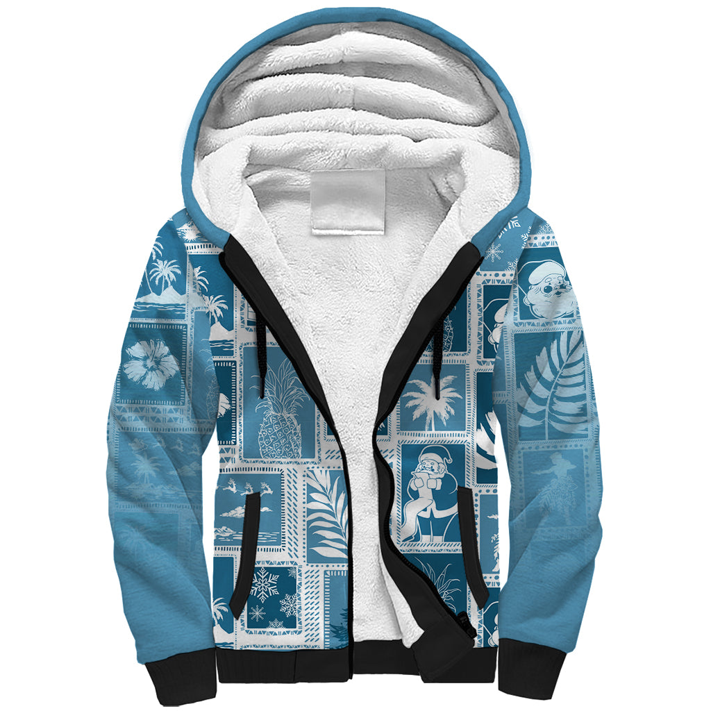 Hawaii Christmas Retro Patchwork Sherpa Hoodie Aquamarine - Wonder Print Shop