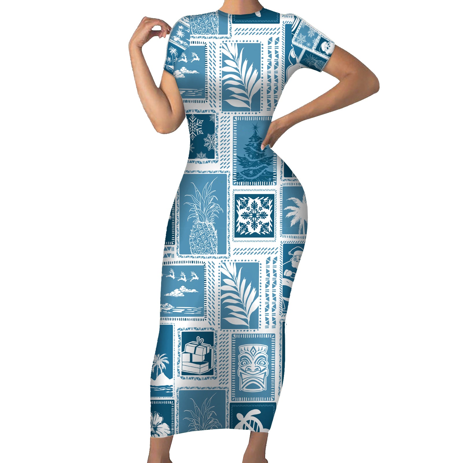 Hawaii Christmas Retro Patchwork Short Sleeve Bodycon Dress Aquamarine - Wonder Print Shop