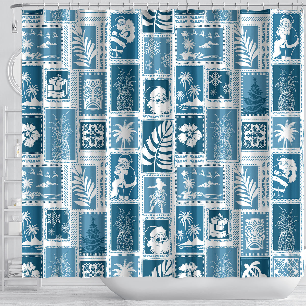 hawaii-christmas-retro-patchwork-shower-curtain-aquamarine