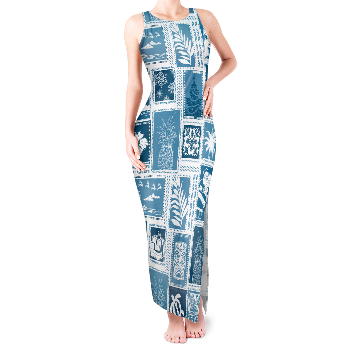 Hawaii Christmas Retro Patchwork Tank Maxi Dress Aquamarine - Wonder Print Shop