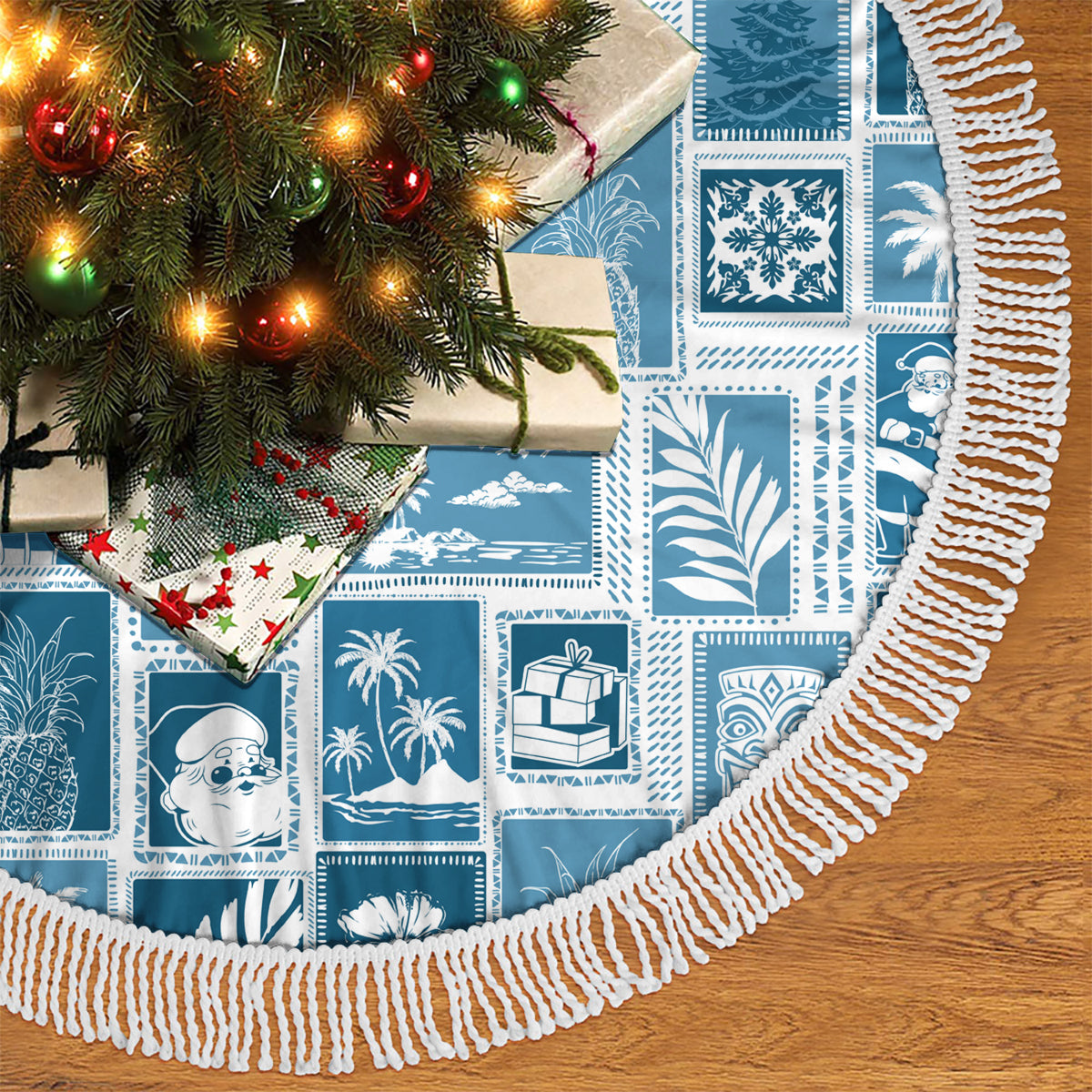 Hawaii Christmas Tree Skirt Retro Patchwork - Aquamarine - Wonder Print Shop