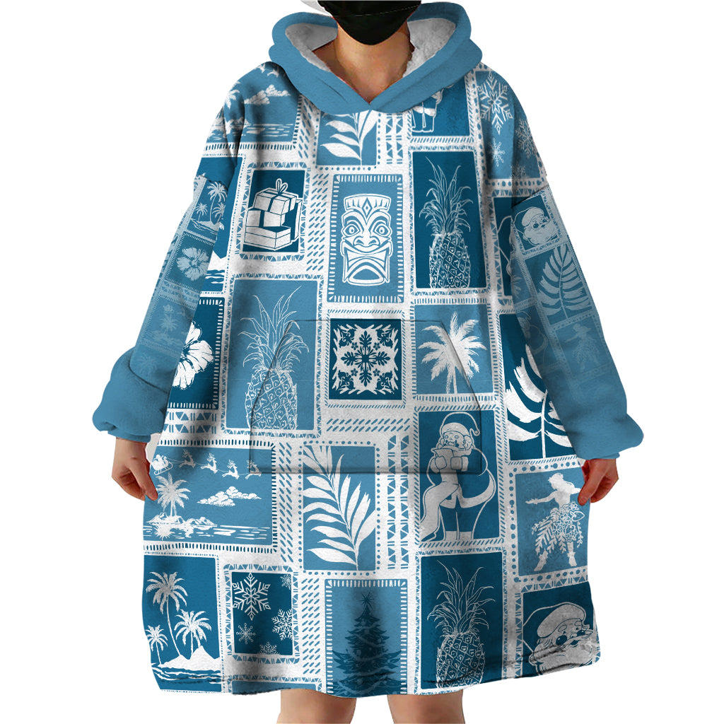 Hawaii Christmas Retro Patchwork Wearable Blanket Hoodie Aquamarine - Wonder Print Shop