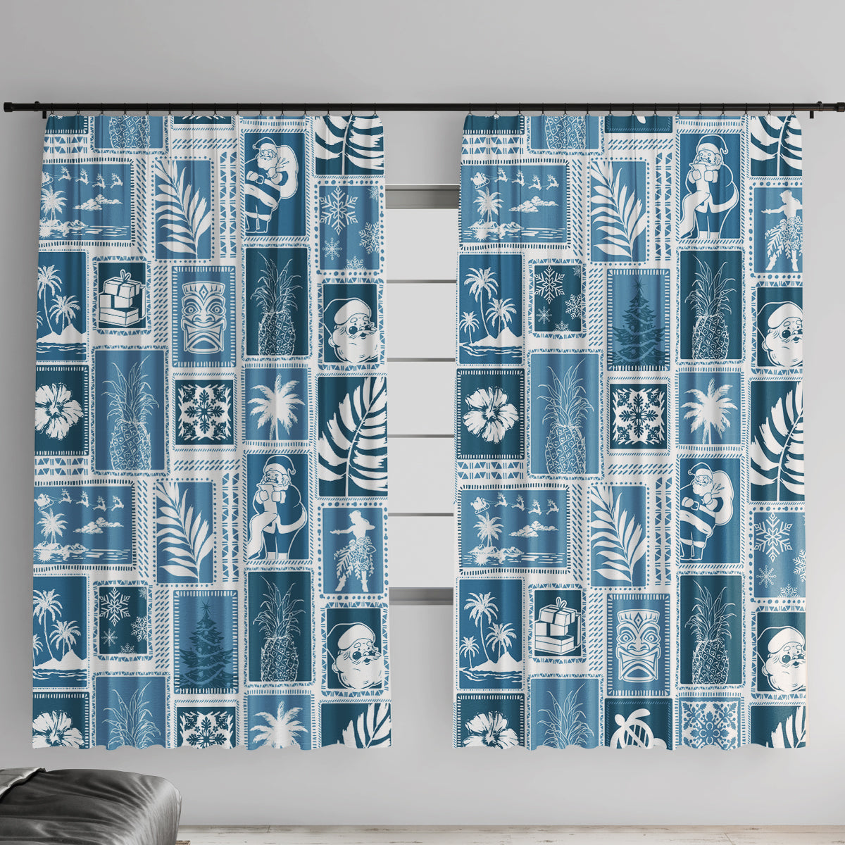 Hawaii Christmas Retro Patchwork Window Curtain Aquamarine - Wonder Print Shop