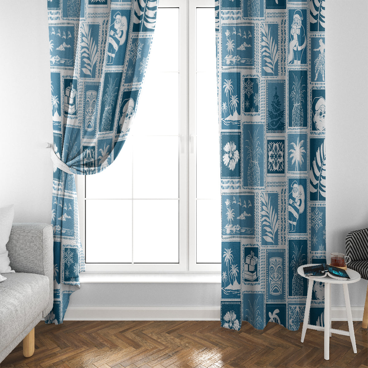 Hawaii Christmas Retro Patchwork Window Curtain Aquamarine - Wonder Print Shop