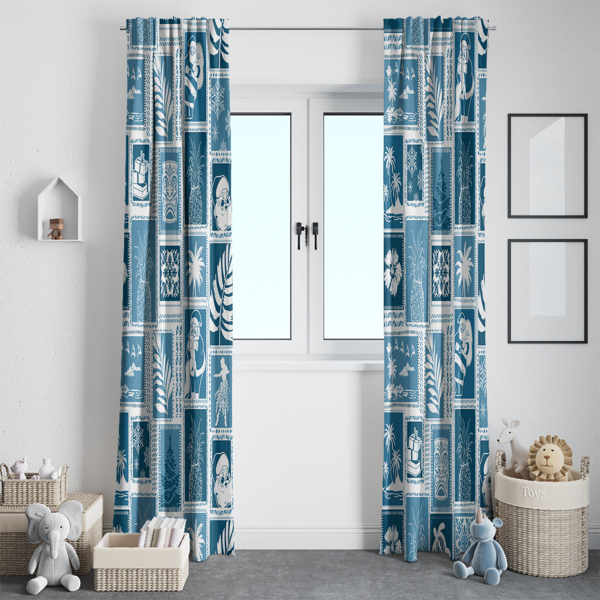 Hawaii Christmas Retro Patchwork Window Curtain Aquamarine - Wonder Print Shop