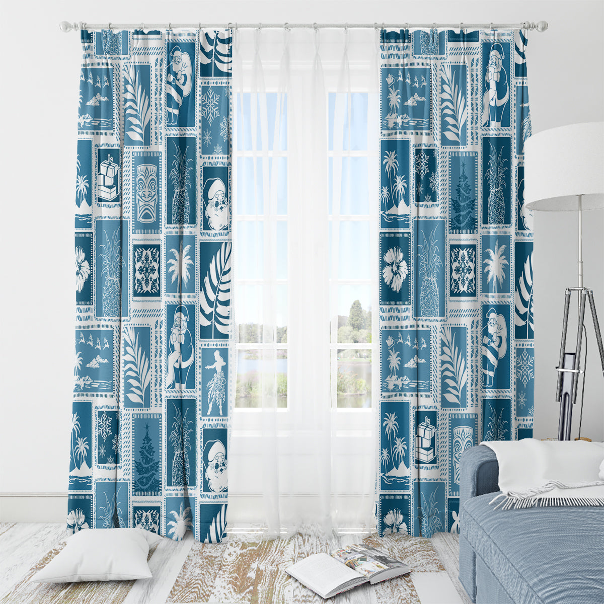 Hawaii Christmas Retro Patchwork Window Curtain Aquamarine - Wonder Print Shop