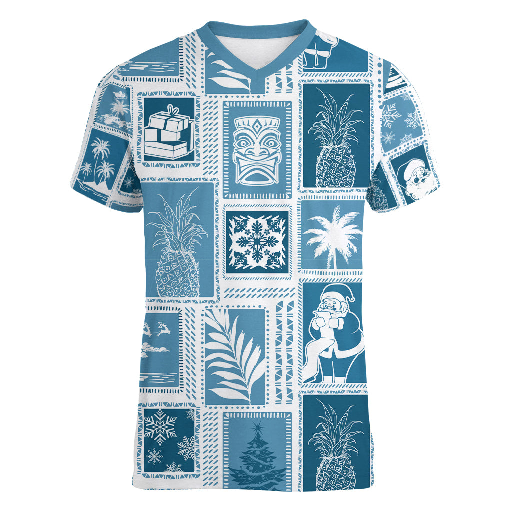 Hawaii Christmas Retro Patchwork Women V Neck T Shirt Aquamarine - Wonder Print Shop
